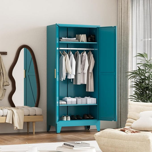 Washsemba 71'' Farmhouse Metal Wardrobe Cabinet with Hanging Rod, 2 Barn Door Wardrobe Closet with 2 Adjustable Shelves,for Dining Room,Bedroom,Living Room, Cloak Room,Office (Peacock Blue)