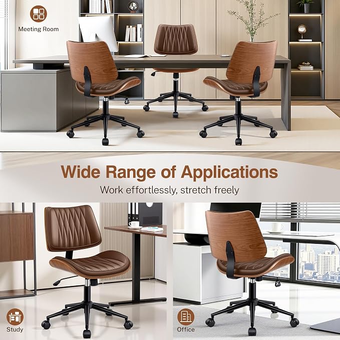 Ergonomic Armless Office Desk Chair - Mid-Century Modern Khaki Faux Leather with Diamond Stitch, Adjustable Height Swivel Rolling Task Computer Chair with Walnut Accent for Home Office, Study & Work
