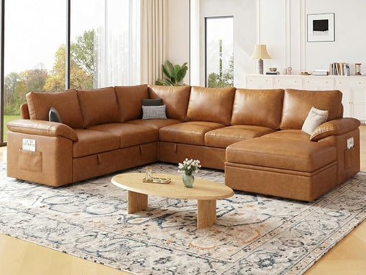 108 Inch Faux Leather Modular Sectional Sofa with Pull Out Bed,U Shaped 7 Seat Sectional Sleeper Sofa with Storage,Sectional Couches for Living Room,Cloud Modular Couch,Brown Leather