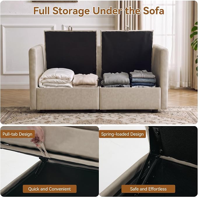 55" Beige Faux Leather Storage Loveseat Sofa, Upholstered 2 Seater Sofa | Modern Deep Seat Cloud Sofa Chair, Small Love Seat Comfy Modular Sectional Sofa for Living Room, Bedroom, Small spaces