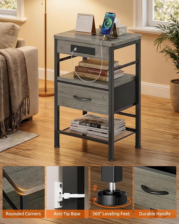 Lazzanto Nightstands Set of 2 with Charging Station, Bedside Tables with Open Shelf & Hooks, End Tables with USB-C USB-A Ports AC Outlets, Night Stand for Bedroom with Fabric Drawer, Grey