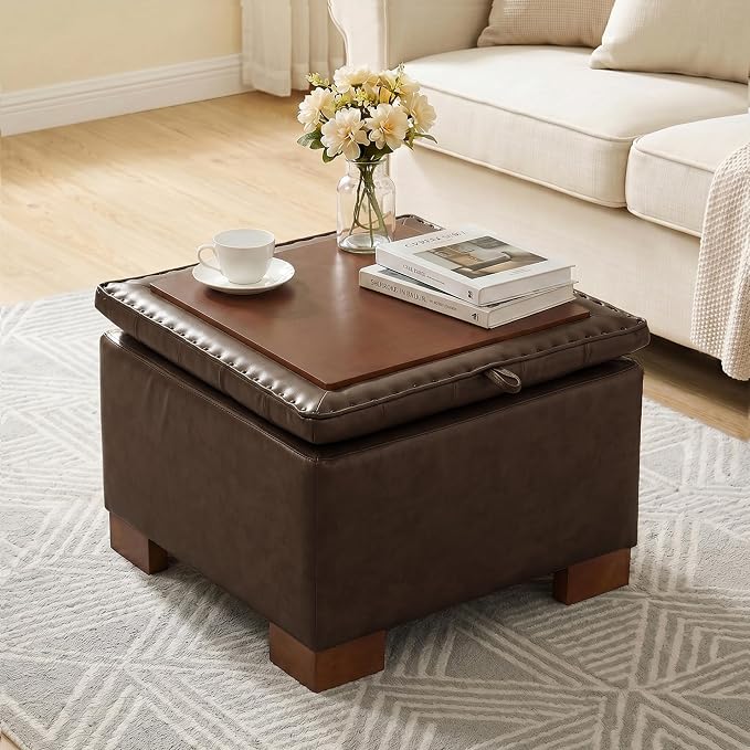 24 Inch Square Storage Ottoman Coffee Table, Modern Tufted Upholstered Ottoman with Flip Tray and Solid Wood Legs, Suitable for Living Rooms, Faux Leather Coffee
