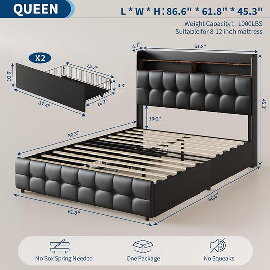 IDEALHOUSE Queen Size Upholstered Bed Frame Fabric with Storage Drawers and LED Lights, Headboard and Frame for Cozy Bedroom Sets Upgrades