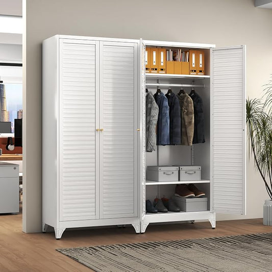 Polup Metal Armoire Wardrobe Closet with Doors, 71" Tall White Wardrobe Cabinet with Hanging Rod and Adjustable Shelves, Steel Clothing Storage Cabinet for Bedroom, School, Employee, Gym, Office