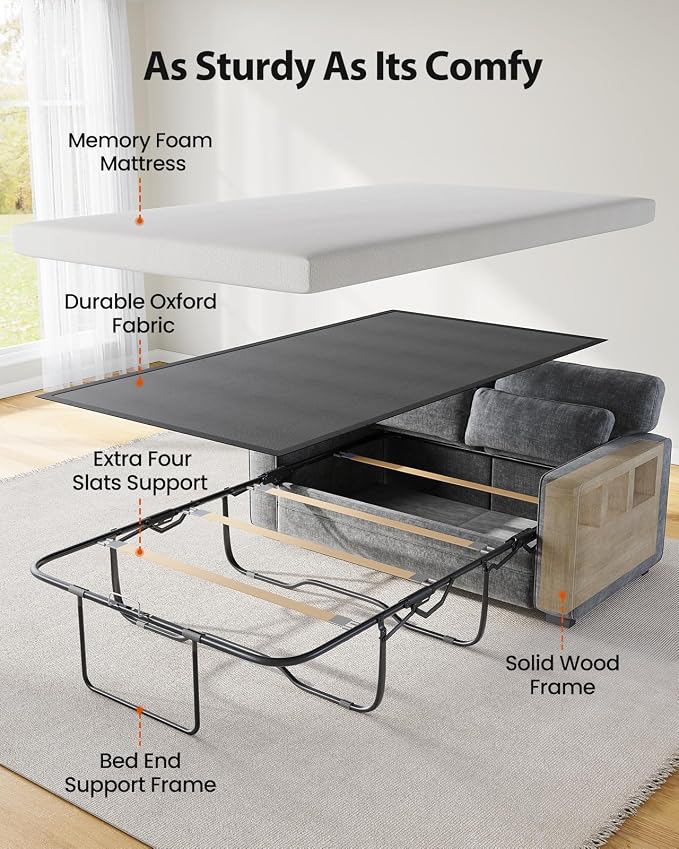 Marsail Pull Out Sofa Bed, Full Size Sleeper Sofa with Memory Foam Mattress, 2 USB Charging and Removable Covers, Loveseat for Living Room, Apartment, Supports 600 LBS, Chenille Fabric, Grey