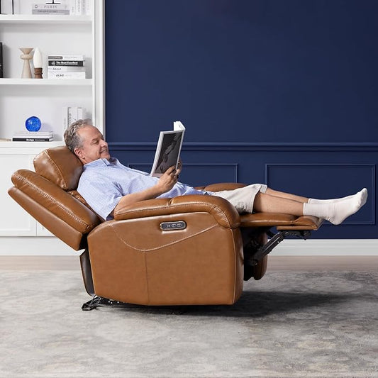 Watson & Whitely Oversized Genuine Leather Power Recliner Chairs for Big and Tall, Wall Hugger Recliner with Power Headrest & Charging Ports, Extra Large Reclining Chair for Living Room, Saddle Brown