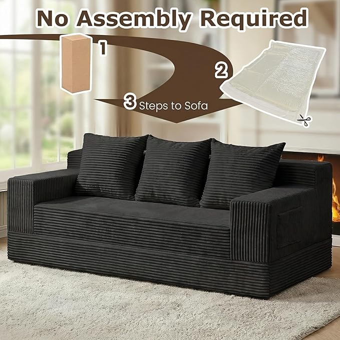 cidludto Convertible Sofa Bed, 78" Oversized Boneless Loveseat Couch 2 in 1 Foldable Futn Bed Couch in A Box, Folding Sofa Chair for Living Room, No Assembly Required, Black