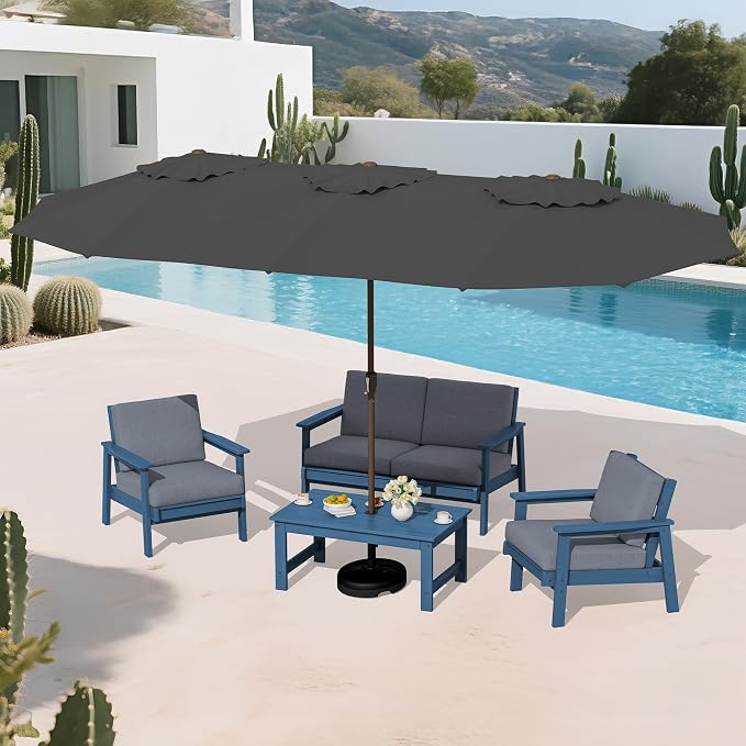 SERWALL HDPE Patio Furniture Set with 15FT Double Side Patio Umbrella, All Weather Wood-Like Outdoor Sofa Sectional Couch, Blue Patio Furniture with Grey Cushions