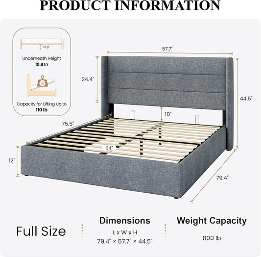 SHA CERLIN Full Size Lift Up Storage Bed/Modern Wingback Headboard/Upholstered Platform Bed Frame/Hydraulic Storage/No Box Spring Needed/Wood Slats Support/Grey Blue