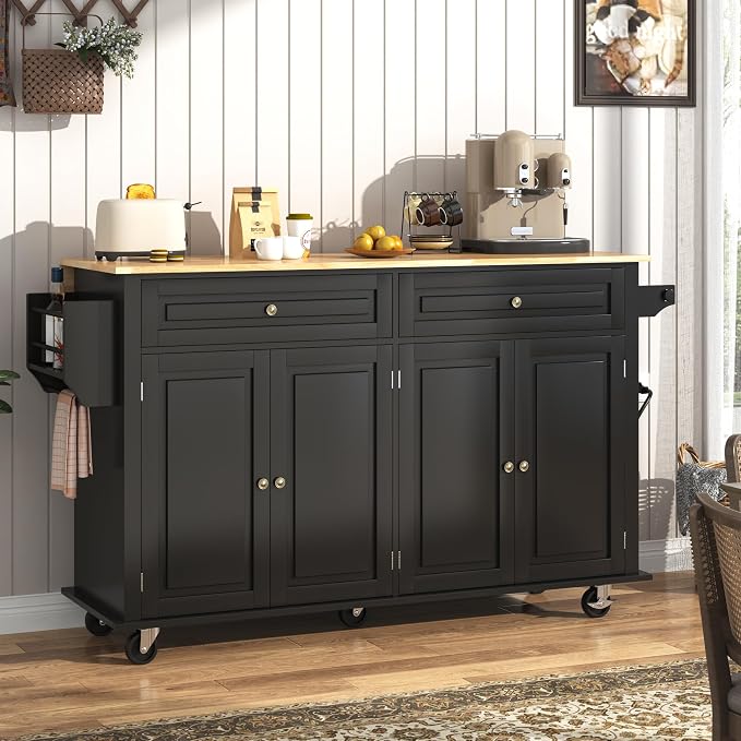 Hlivelood 63" Movable Kitchen Island with Drop Leaf and Power Outlet, Rolling Island Cart w/Storage Cabinet, Island Table on Wheels for Kitchen w/2 Drawers, Spice Rack, Towel Bar, Garage Hook, Black