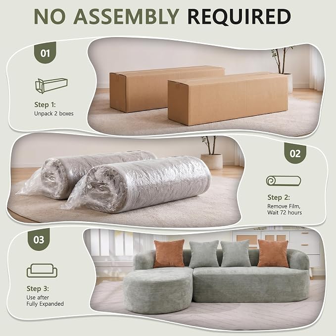 Modular Sectional Boneless Couches, Cloud Sectional Couch with L-Shape Curved Chaise, Modern Comfy Chenille Sofa with Deep Seat for Living Room, Bedroom, No Assembly Required (Greeny)