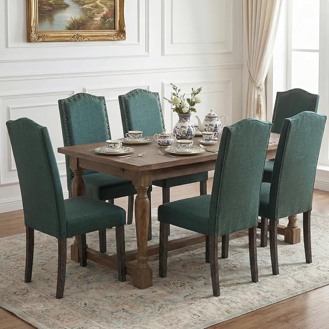LSSBOUGHT Fabric Dining Chair Upholstered Parsons Kitchen Chair with Copper Nails and Solid Wood Legs for Dining Room,Restaurant (Green, 4PCS)