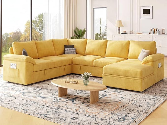 108 Inch Modular Sectional Sofa with Pull Out Bed,U Shaped 7 Seat Sectional Sleeper Sofa with Storage,Sectional Couches for Living Room,Cloud Modular Couch,Removable Sofa Cover,Yellow