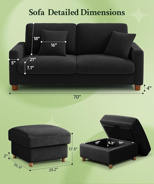 Welzona 70.2" Couches for Living Room, Comfy L Shaped Couch Black 7.1" Thicker Cushion, Sofas for Living Room Tool-Free Setup, Loveseat with Ottoman 705lbs Support, Corduroy Couch for Bedroom, Office