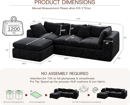 GRUSIGN 110'' Oversized Boneless Cloud Couch for Living Room, Modern Big Sectional Compressed L Shape Couch with Ottoman, Comfy Chenille Deep Seat Memory Foam Spineless 4 Seater Sofa, Black