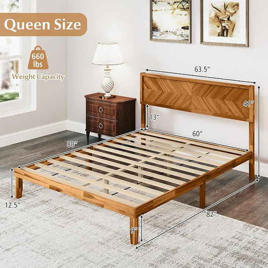 KOMFOTT Queen Acacia Wood Bed Frame with Headboard, Solid Wood Platform Bed Frame, Wooden Slats Supported Bed Base with Under-Bed Storage Space, No Box Spring Needed Mattress Foundation