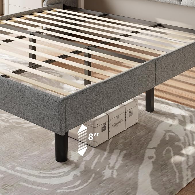 Feonase King Size Bed Frame with Luxury Wingback and Fast Charging Station, Upholstered Button Tufted Storage Headboard, King Platform Bed, Heavy Duty Wooden Slats Support, Easy Assembly, Light Gray