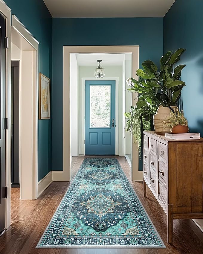 RELEANY Area Rugs Runner 2'x8' Washable Non-Slip, Floral Vintage Distress Medallion Carpet for Kitchen Hallway Bedroom Beside Laundry Room Bathroom, Teal Green Lake Blue Turquoise