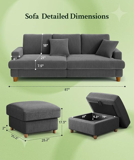 Welzona 87.2" Couches for Living Room, Comfy L Shaped Couch Grey 7.5" Thicker Cushion, Sofas for Living Room Tool-Free Setup, Loveseat with Ottoman 848lbs Support, Corduroy Couch for Bedroom, Office