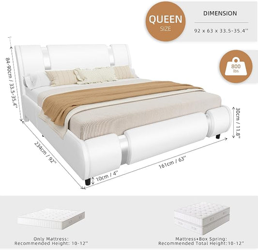 Keyluv Modern Queen Size Bed Frame with Mirror Metal Decoration, Faux Leather Upholstered Platform Bed with Curved Headboard, Wooden Slats Support, No Box Spring Needed, White