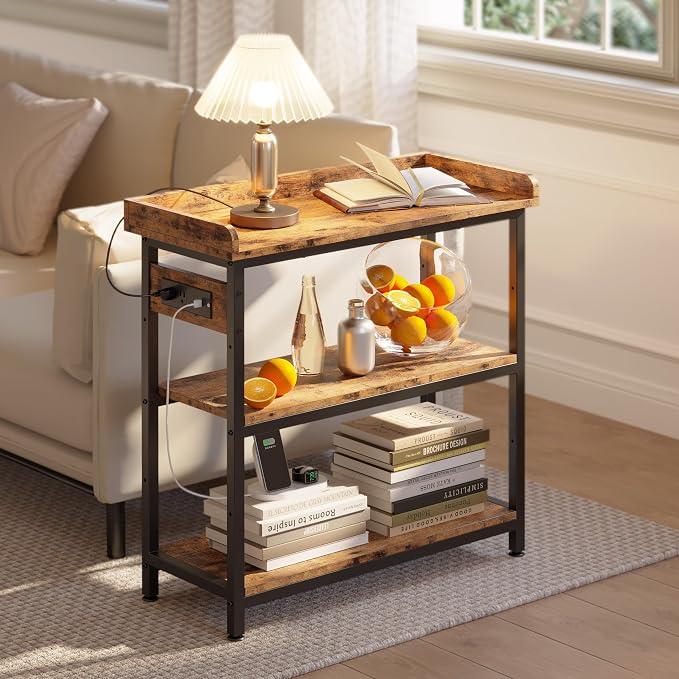 IRONCK Console Table, Sofa Table with Power Outlet, Farmhouse Hallway Table for Entryway, Living Room, Height Adjustable, Easy Assembly, Rustic Brown,32"