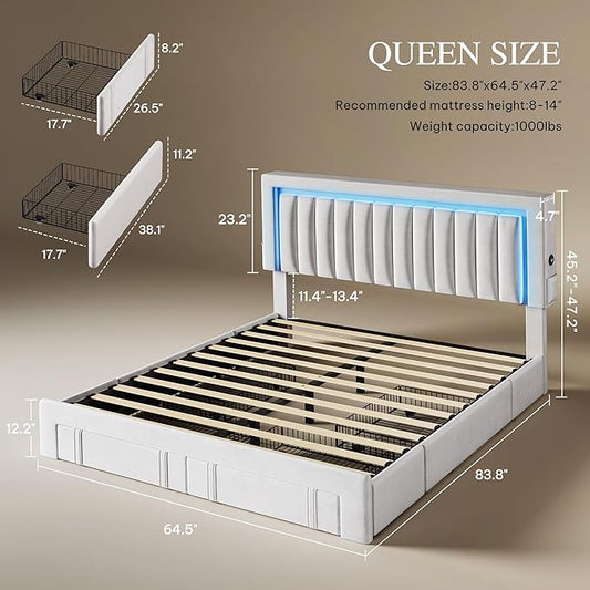 YITAHOME Queen Size Bed Frame with Adjustable Headboard, 4 Storage Drawers and RGB LED Lights, Velvet Upholstered Platform Bed with USB Ports, No Box Spring Needed, Fast Assembly, Noise-Free, White
