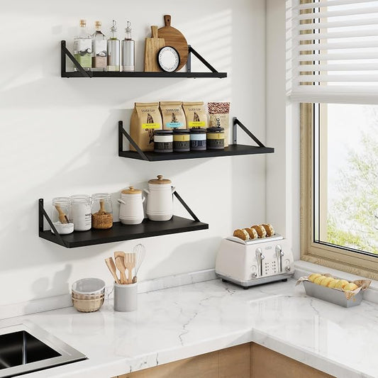 Axeman 10 Inch Deep Black Floating Shelves for Wall Set of 2 | 24 Inch Black Wood Shelves for Books, 24'' x 10'' Black Shelves for Living Room Bathroom Kitchen