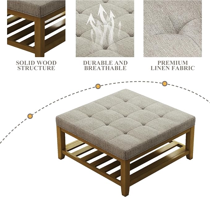 Befurtori Large Square Ottoman Coffee Table, Linen Solid Upholstered Footrest Ottoman with Solid Wood Shelf Storage Tufted Coffee Table for Bedroom Living Room, Linen