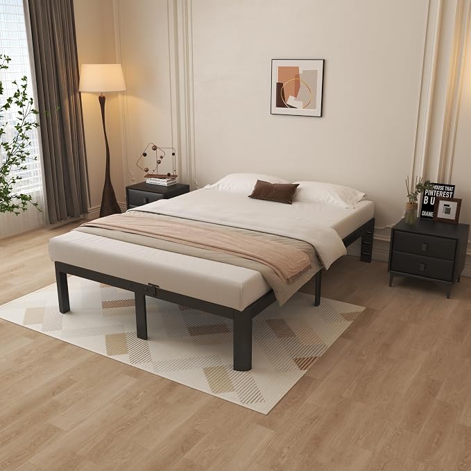 12 Inch Black Full Size Bed Frame with Baffles, Metal Full Bed Frame No Box Spring Need, Heavy Duty Steel Platform Support, Reserved Holes, Round Corner Legs, Storage Space, Noiseless