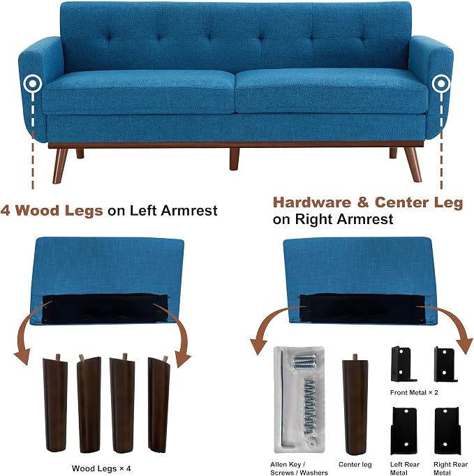 Kingfun 77.2" W Loveseat Sofa, Mid Century Modern Decor Love Seat Couches for Living Room, Button Tufted Upholstered Furniture, Solid & Easy to Install Small Couch for Bedroom Office Apartment, Blue