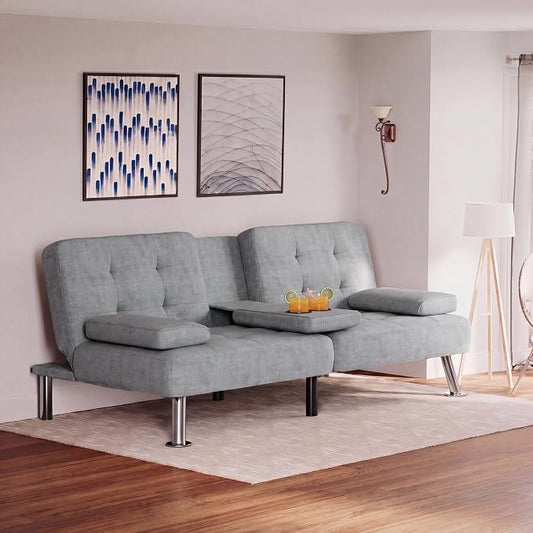 Flamaker Futon Sofa Bed Modern Folding Futon Set Linen Fabric Convertible Recliner Lounge for Living Room with 2 Cup Holders, Removable Armrests (Fabric, Light Grey)