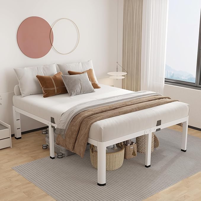 ROIL 12 Inch White Queen Bed Frame with Rounded Corner and Headboard Hole Mattress Retainers, 3500LBS Heavy Duty Steel Slats No Box Spring Needed Platform Noise-Free Easy Assembly