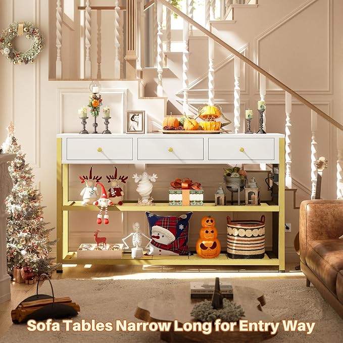 Ecoprsio 47'' Entryway Table with Outlets and USB Ports, Console Table with 3 Drawers, Sofa Table Narrow Long with Storage Shelves for Living Room, Couch, Hallway, Foyer, White and Golden