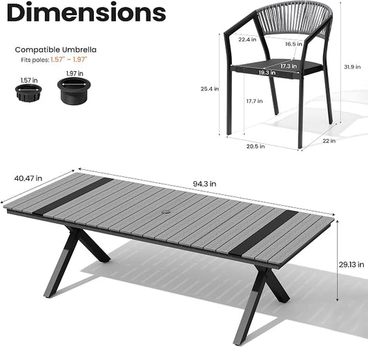 Pellebant Aluminum 11-Piece Outdoor Dining Table Set for 8-10 Person | Patio Stackable Chair with U-Shaped Wicker Backrest, 94" Table with Wood-Grain Top & Umbrella Hole, Aluminum Frame Furniture