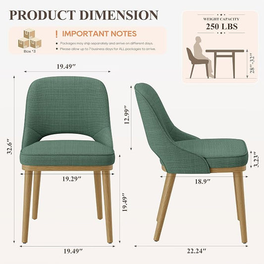 Modern Upholstered Dining Chairs Set of 6, Open Back with Solid Wood Legs, Ergonomic Curved Back Fabric Kitchen Chairs for Dining Room & Kitchen, Living Room Side Chairs, Farmhouse, Green