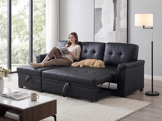 Lilola Home Lucca 84" Reversible Sleeper Sectional Sofa with Pull-Out Bed & Storage Chaise, Black Vegan Leather, Tufted Back, Modern Compact Couch for Living Room, Easy Assembly