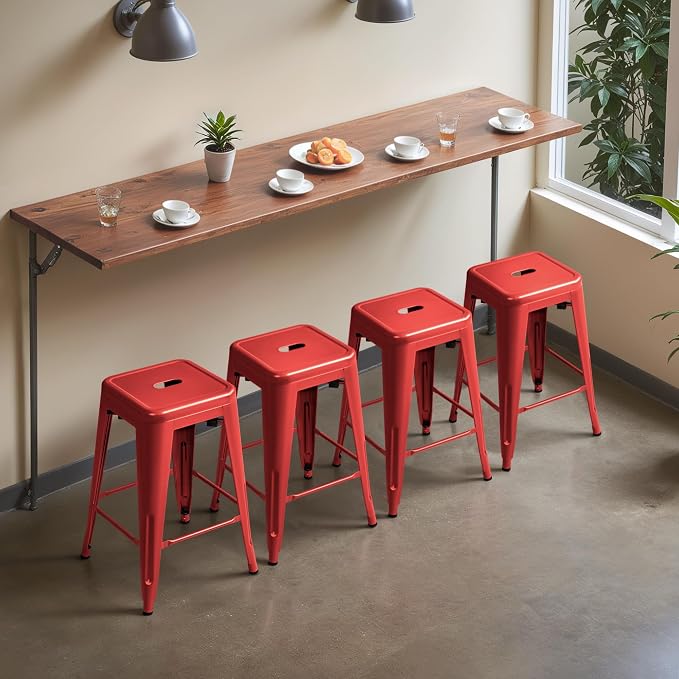 Furmax 24 Inch Metal Bar Stools Set of 4, Counter Height Bar Stools Height High Backless Stools Industrial Stackable Bar Chairs for Dining Room Kitchen Indoor Outdoor Stools Bar Chairs (Red)