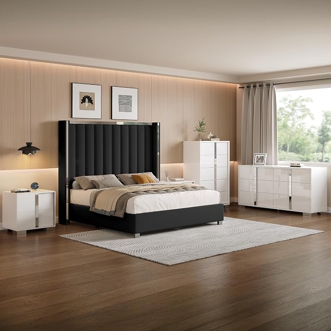 AMERLIFE 3-Piece Modern Bedroom Set King – Black Upholstered Bed Frame with 58" Wingback Headboard and 2 White Nightstands