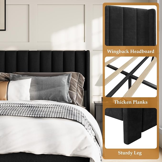 IDEALHOUSE King Bed Frame with Wingback Headboard, Velvet Upholstered Platform Bed with 2 Storage Drawers, Vertical Tufted Headboard Design, Wooden Slats Support, No Box Spring Needed, Black