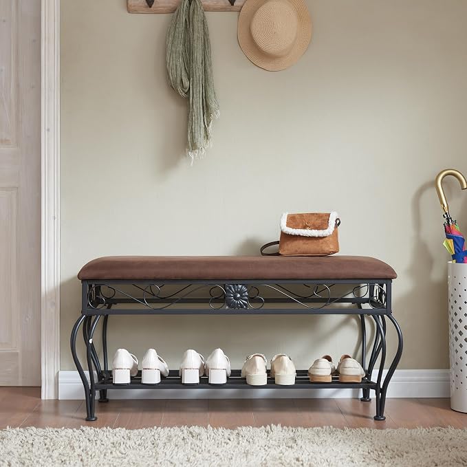 Bluecat Entryway Shoe Bench with Brown Padded Cushion, Metal Frame Multi-Functional Shoe Changing Bench for Hallway Living Room Bedroom