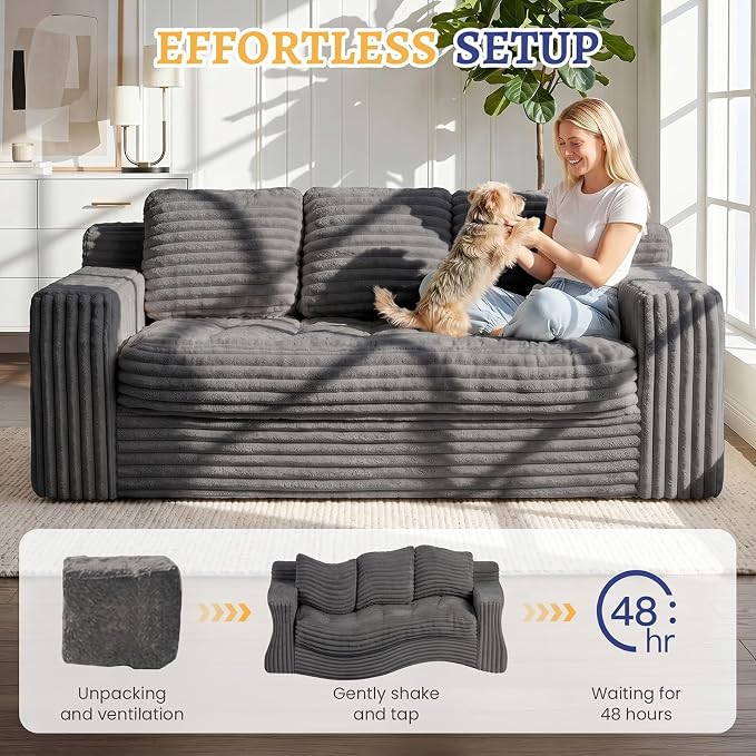 Boneless Couch, Cloud Loveseat Sofa Corduroy Couch in a Box, Upholstered Boneless 3 Seater Couch for Living Room Bedroom Office Apartment, No Assembly Required, Grey