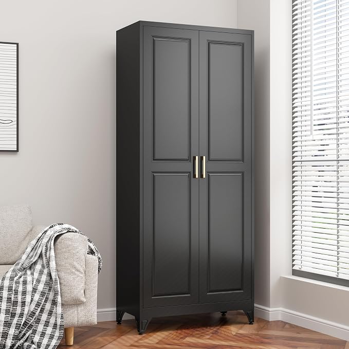 75" Metal Storage Cabinet with 4 Adjustable Shelves, Large Black Steel Pantry Cabinet with Doors, 180 lbs Max Load Per Shelf, Heavy Duty Utility Organizer for Garage & Workshop