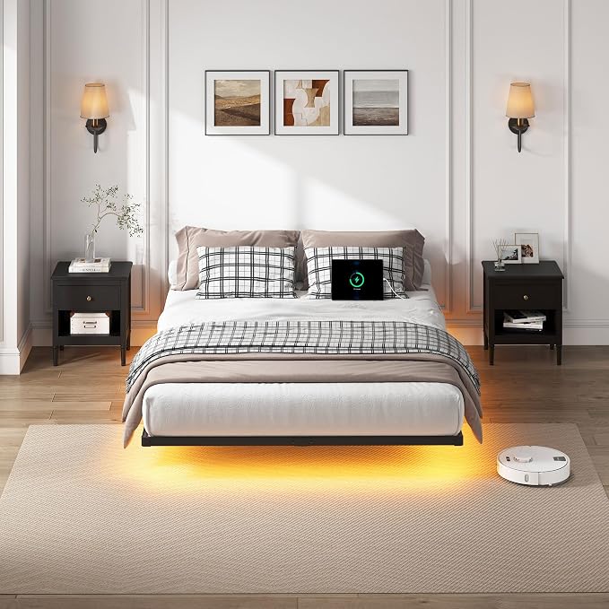 YORMDMO Floating Bed Frame King Size, Heavy Duty Bedframe with Smart LED Lights & Charging Station, Modern Metal Platform Bed, Easy Assembly No Box Spring Needed, 8 Inch