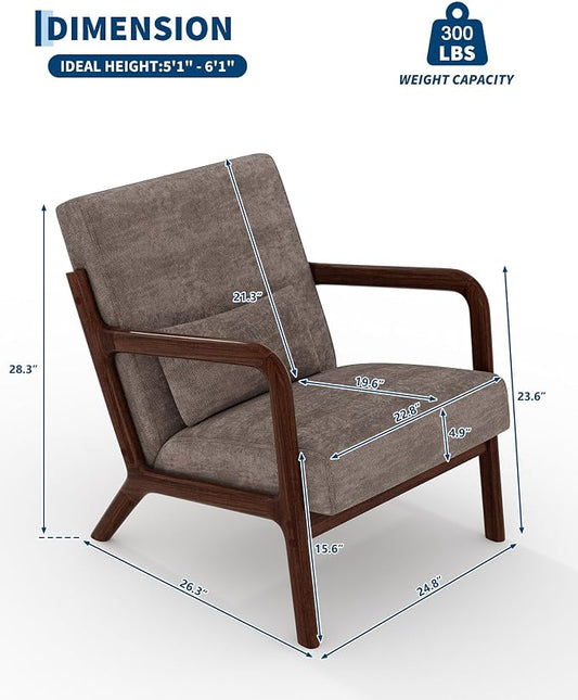 Garvee Mid-Century Modern Accent Chair, Chenille Upholstery, Solid Wood Armchair with Removable Lumbar Pillow, Sturdy Reading Chair for Living Room, Bedroom, Guest Room, Easy Assembly, Brown