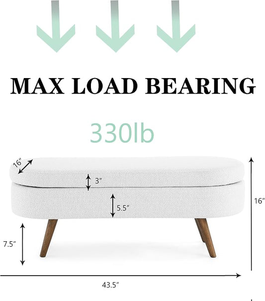 43.5" Ottoman with Storage, Storage Ottoman Bench with Safety Hinge, Linen End of Bed Bench, Upholstered Entryway Bench for Bedroom, Living Room & Window, Holds up to 330 lb, White