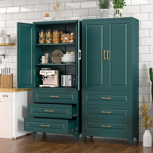 Polup 75" Tall Metal Storage Cabinet with Doors and Shelves, Heavy Duty Green Kitchen Pantry Cabinet with 3 Drawers, Freestanding Food Cupboard Storage Organizers for Laundry, Garage, Dining Room