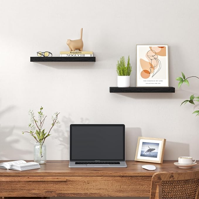 Heimlove Floating Shelves for Wall,16 inchs Shelf for Small Bathroom,Mounted Storage & Display Wood Shelves for Bedroom,Living Room,Kitchen,Office,Set of 2,Black