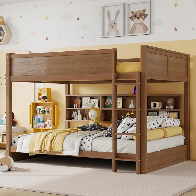 RUNNA Queen Over Queen Bunk Bed with Storage,Charging Station,Solid Wood | Queen over queen bunk bed with storage,USB, solid wood frame, guardrails, no box spring needed,space saving design
