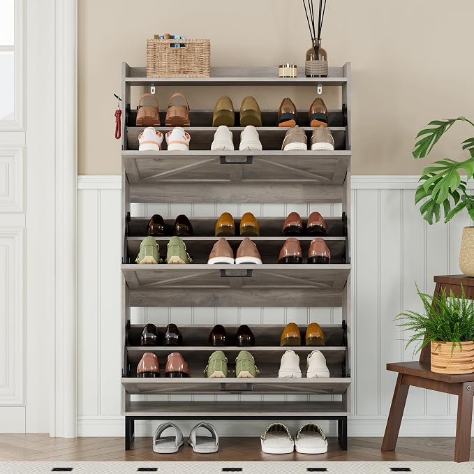 BORNOON Shoe Cabinet with 3 Flip Drawers Narrow Shoe Storage Cabinet Organizer Wooden Freestanding Shoe Rack Hidden Slim Shoes Storage Cabinet for Entryway, Hallway, Living Room, Bedroom