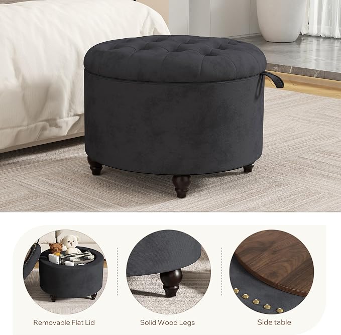 24 Inch Round Storage Ottoman,Modern Tufted Ottomans,Circular Coffee Table with Removable Top,Upholstered Large Ottoman with Storage Footrest Stool for Bedroom Living Room (Darkgrey)